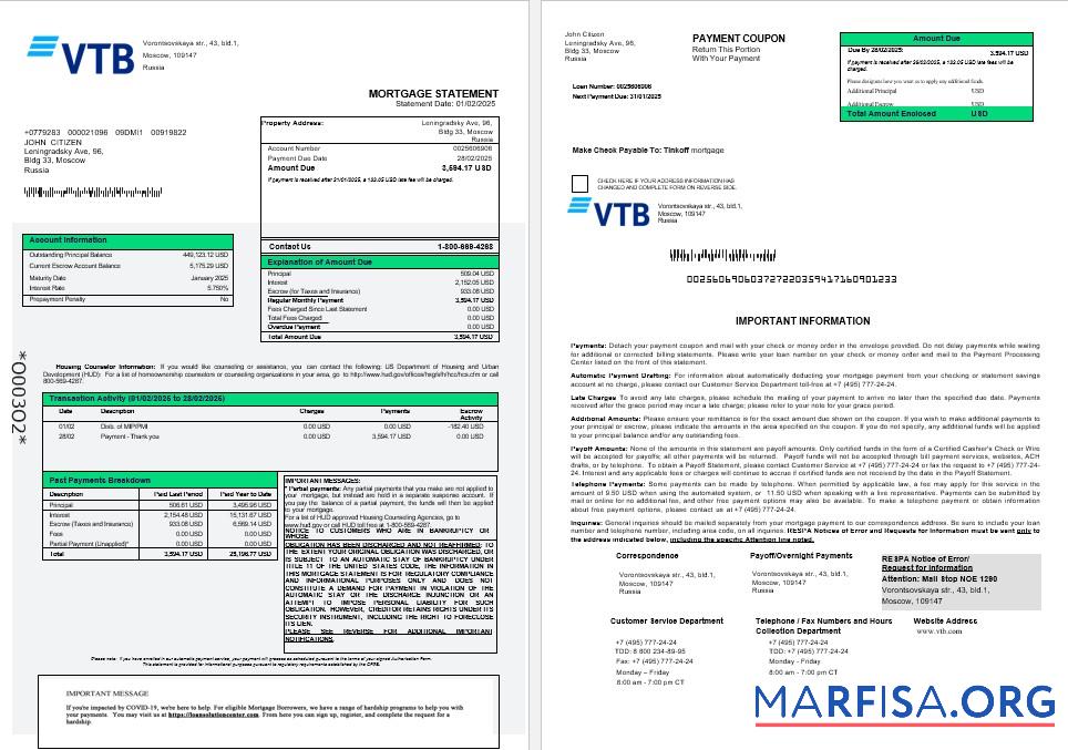 Printable Russia VTB bank mortgage statement in Word and PDF formats 1 2 template